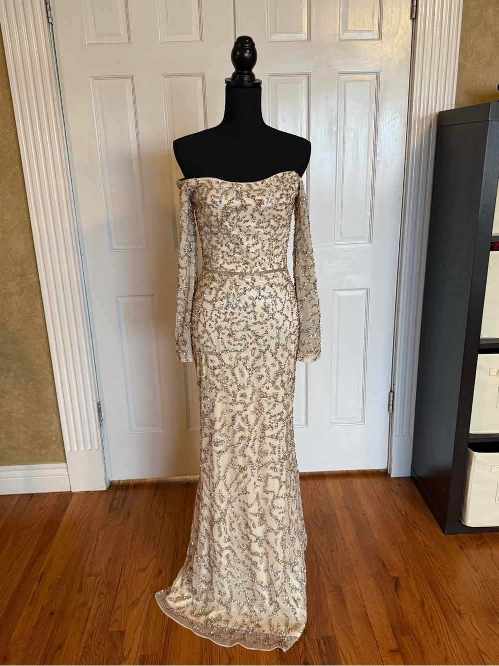 Mac Duggal Nude Off-Shoulder Beaded Long-Sleeve Gown